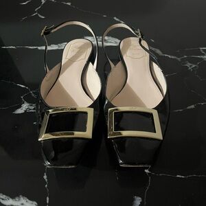Roger Vivier Black Patent Flats with Gold Buckle